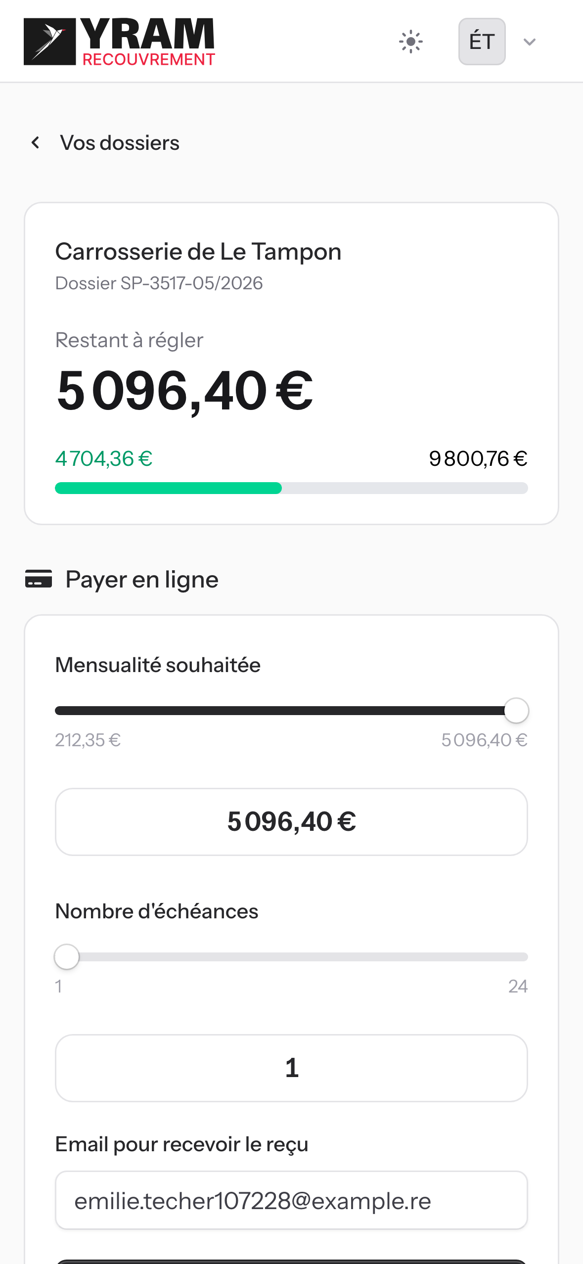 Espace débiteur Yram-Recouvrement sur mobile
